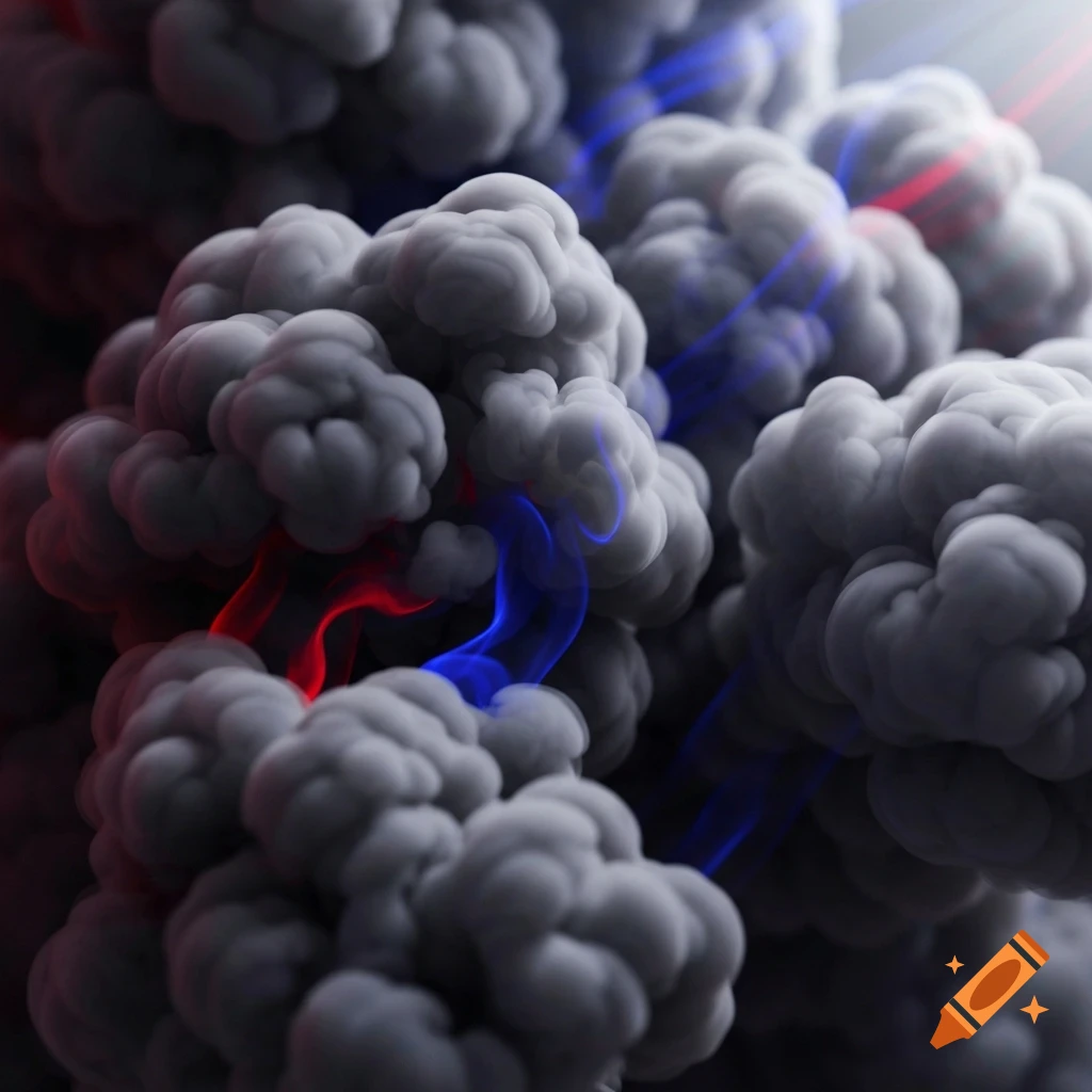 Dense, dark grey smoke with glowing red and blue tendrils weaving through it, in an abstract, rendered style.
