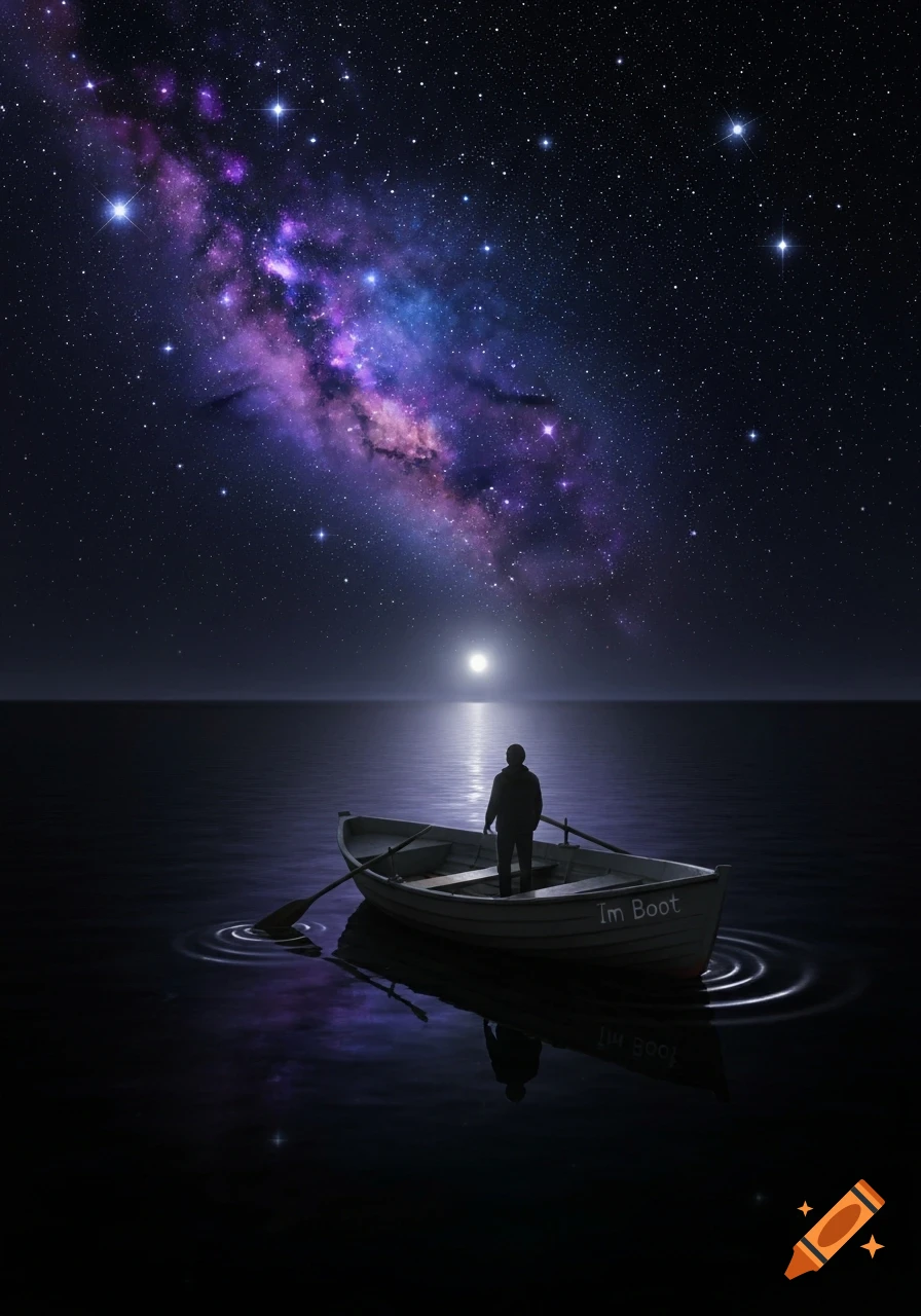 Silhouette of a person standing in a boat on calm water under a vibrant Milky Way night sky with a bright horizon.