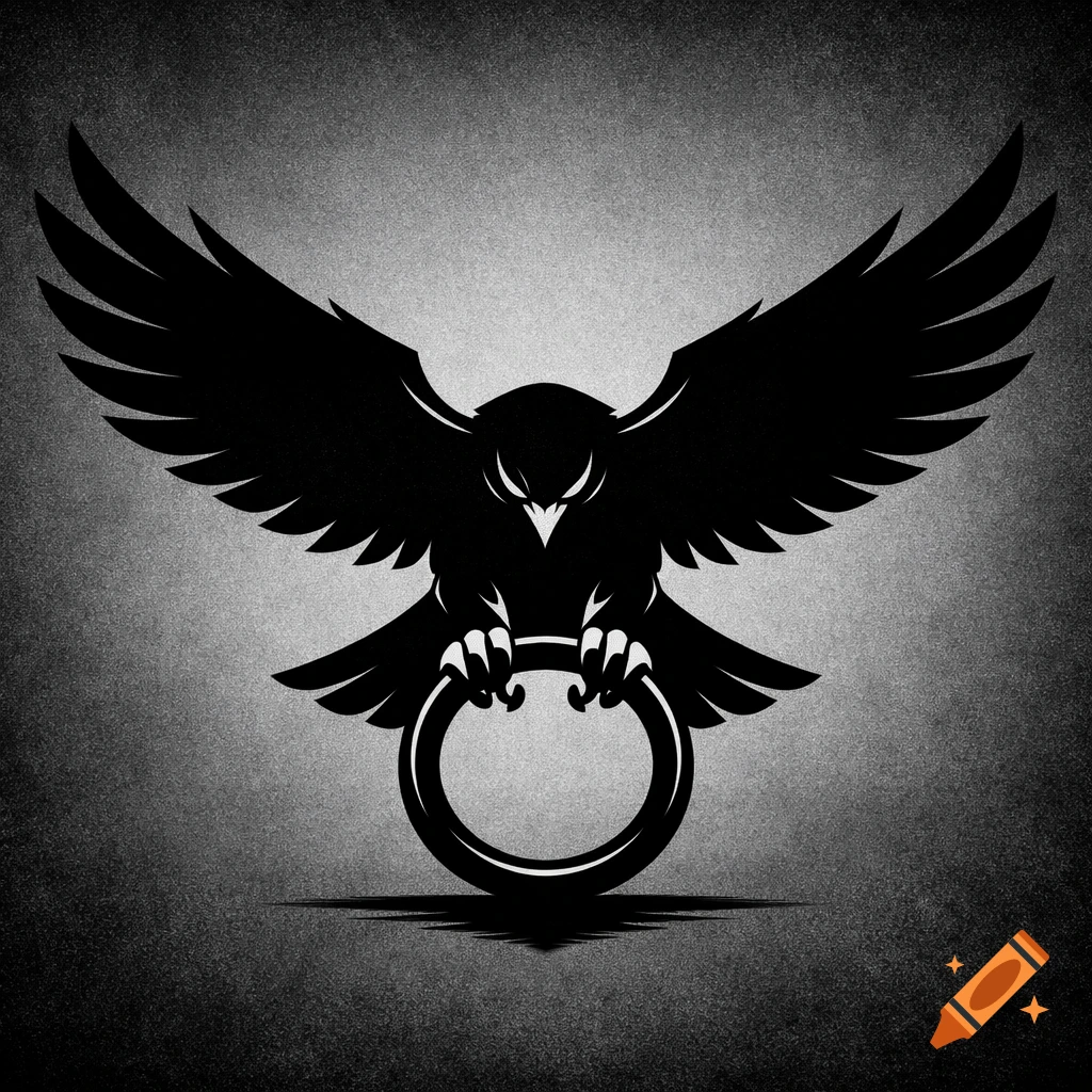 Stylized black falcon emblem with spread wings, clutching a ring in its talons, against a grainy gray background.
