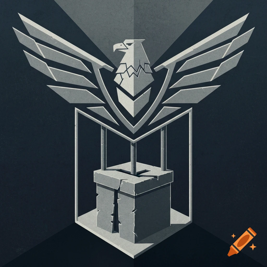 A gray stylized emblem showing an eagle with angular wings over a stone ballot box within a geometric frame.