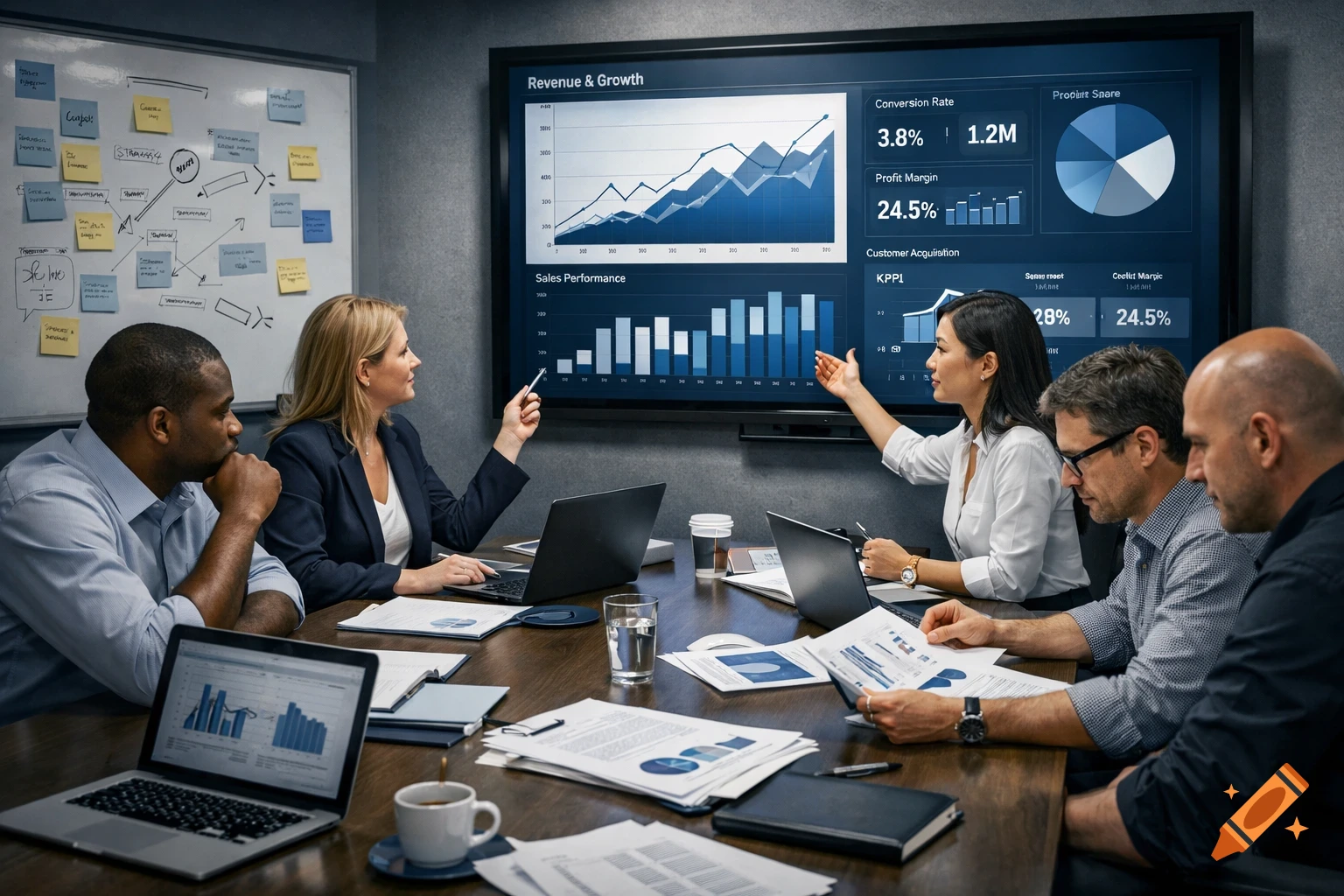 A diverse group of professionals in a modern meeting room, analyzing data and charts on a large screen and discussing strategy.