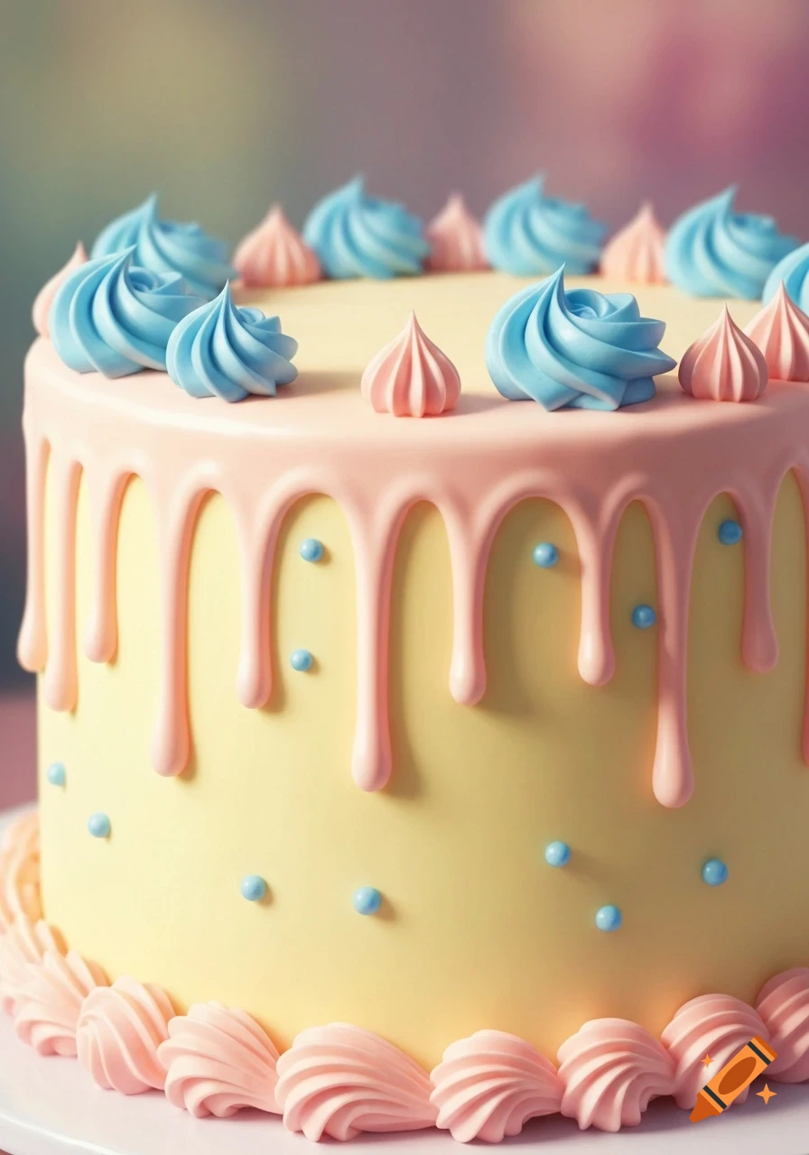 A pastel yellow birthday cake with pink frosting drips and blue and pink piped decorations.
