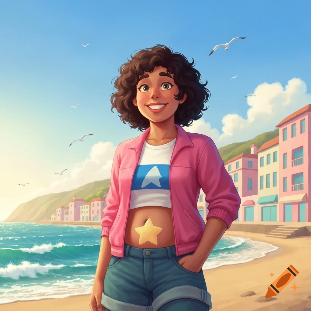 A smiling cartoon girl with curly hair, wearing a pink jacket and a crop top with a star, stands on a sunny beach.