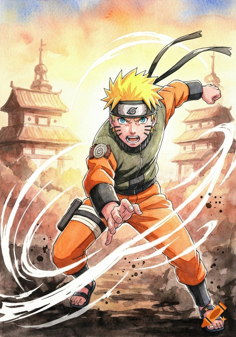 Naruto in a dynamic action pose with a determined expression, surrounded by swirling energy, set against traditional Japanese buildings in a watercolor style.