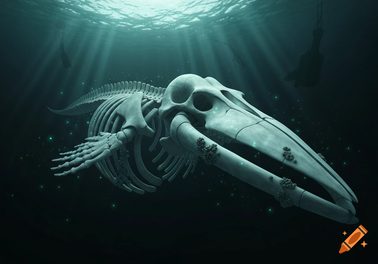 A whale skeleton rests on the dark ocean floor, bathed in sun rays from above, with glowing particles around it.
