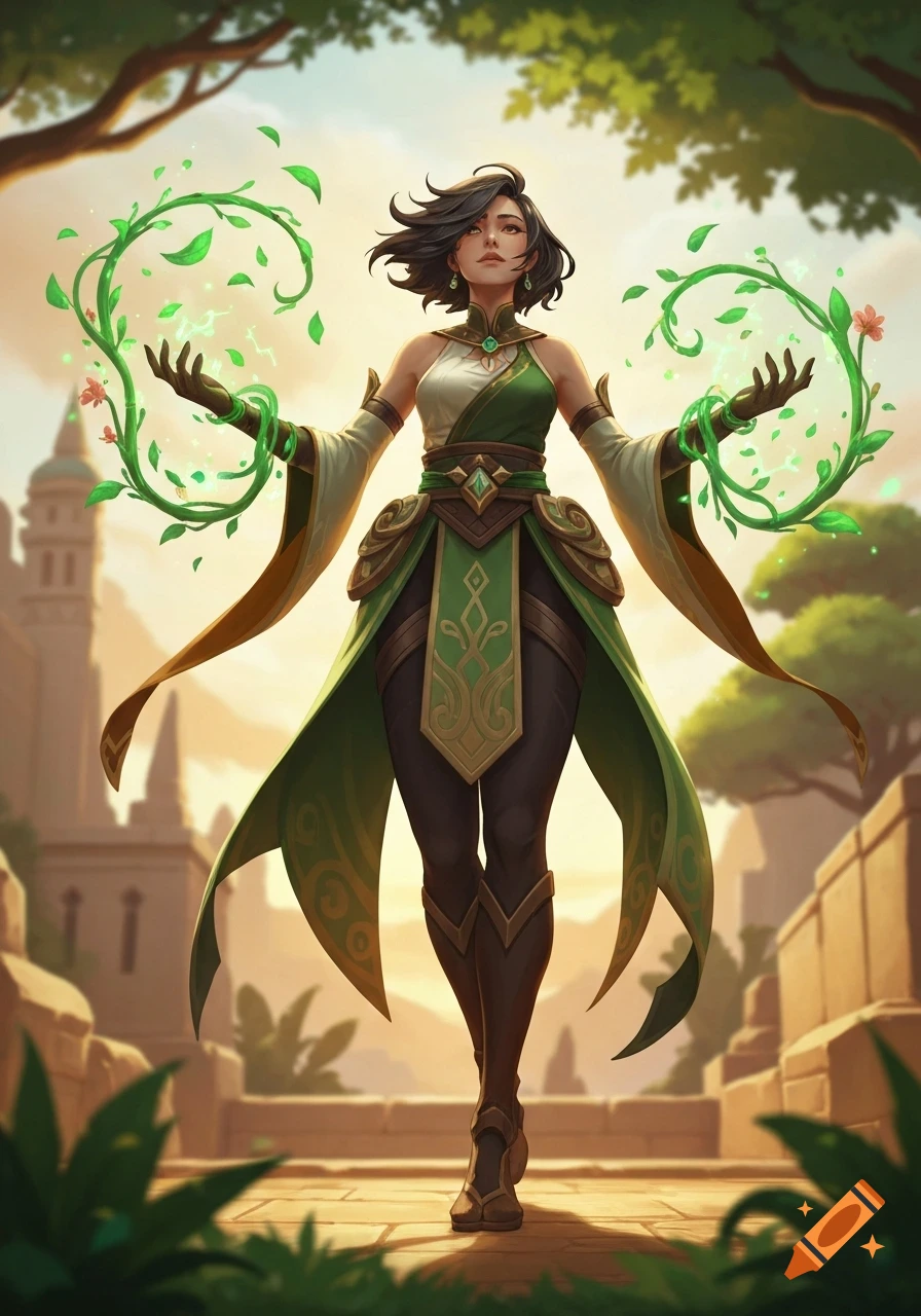 A fantasy woman with short dark hair in a green and white outfit ...