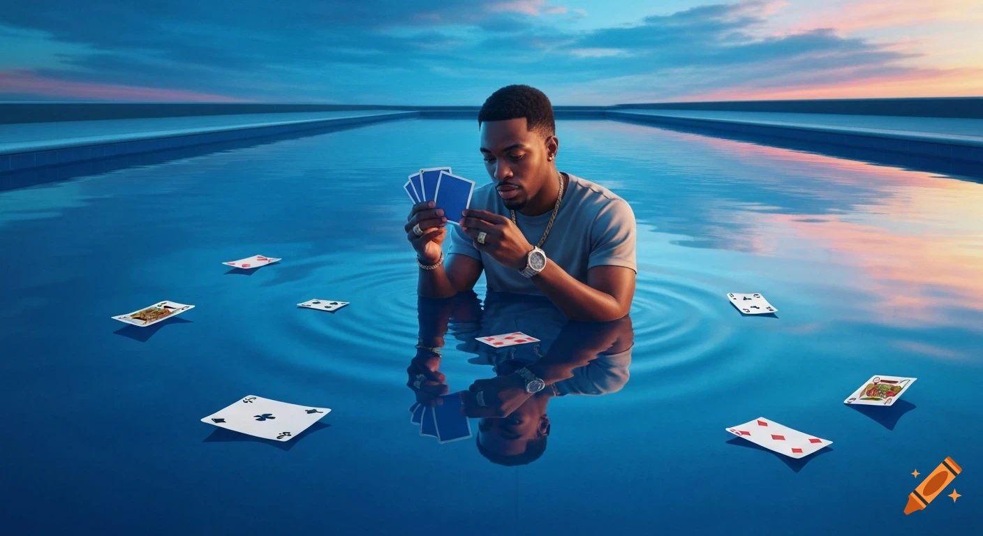 A man in a t-shirt plays cards while standing in a futuristic blue infinity pool at sunset. Playing cards float around him on the water.