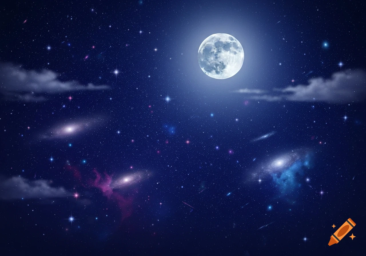 A detailed, ethereal night sky filled with a bright full moon, twinkling stars, wispy clouds, and colorful galaxies.