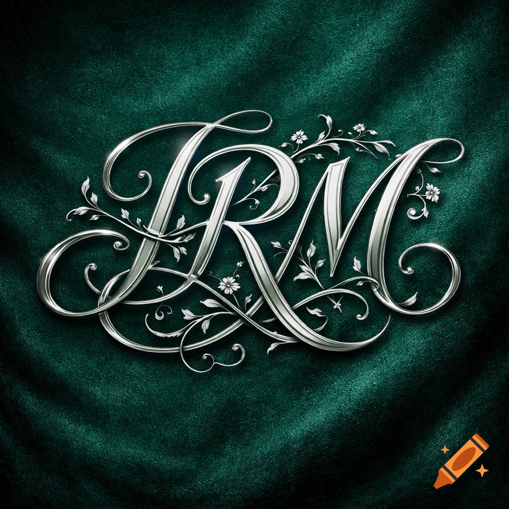 Fancy silver metallic letters 'JRM' intertwined with delicate floral vines on a dark emerald green velvet background.