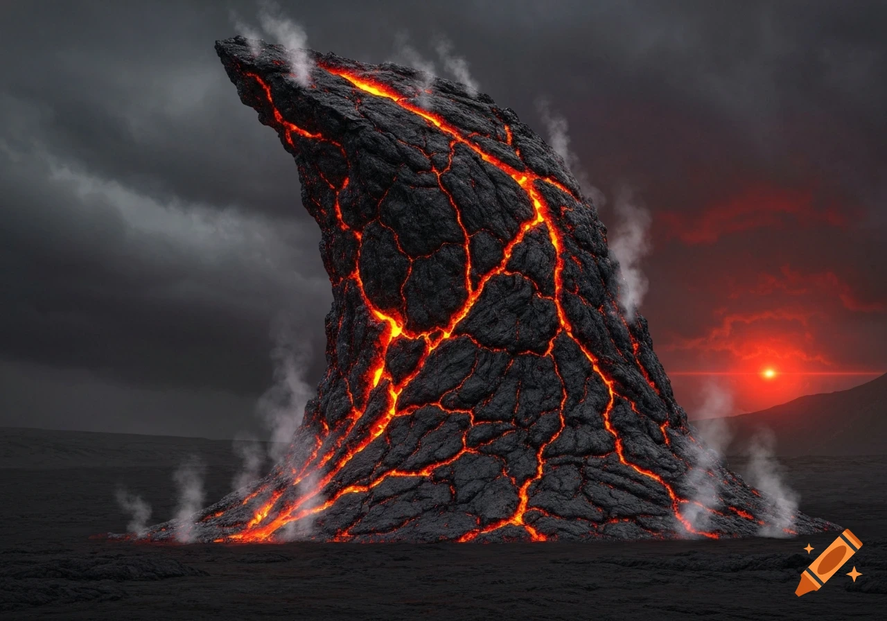 A dramatic lava rock formation cracked with glowing orange magma, emitting steam under a dark, cloudy sky and a red setting sun.
