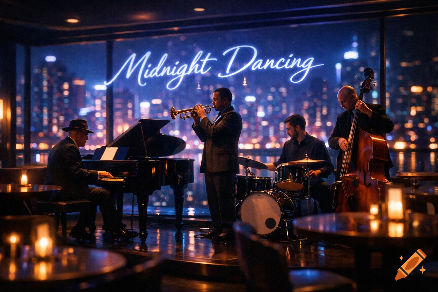 A photorealistic jazz ensemble performs in a dimly lit cafe with a neon 'Midnight Dancing' sign against a glowing city skyline at night.