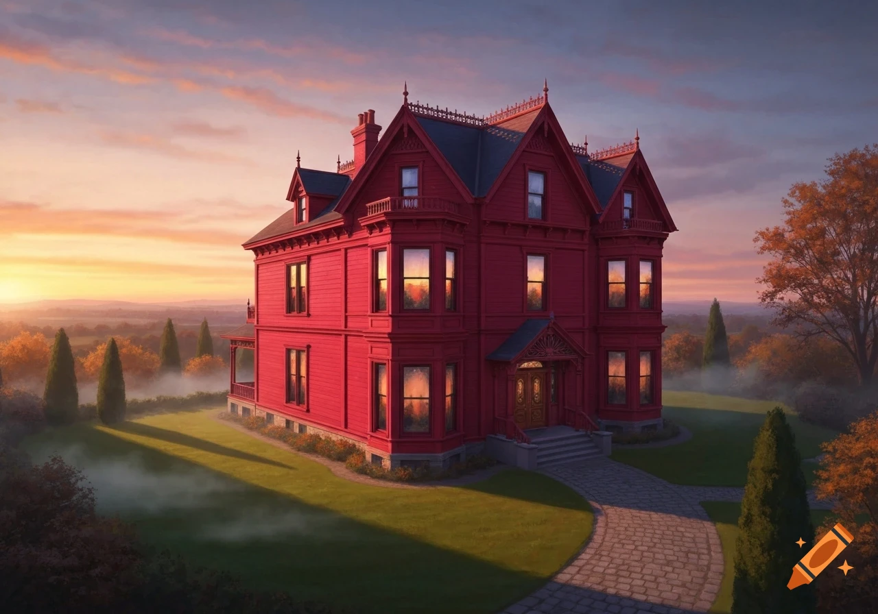 A vibrant red Victorian house stands on a green hill with a cobblestone path, bathed in the warm light of a sunset.