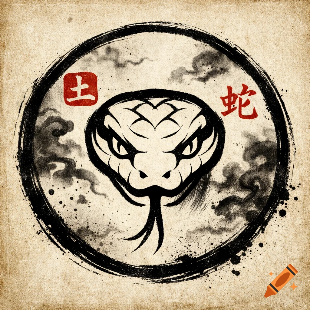 An ink-drawn logo depicting a snake head within a black brushstroke circle on aged paper, with red Chinese characters.