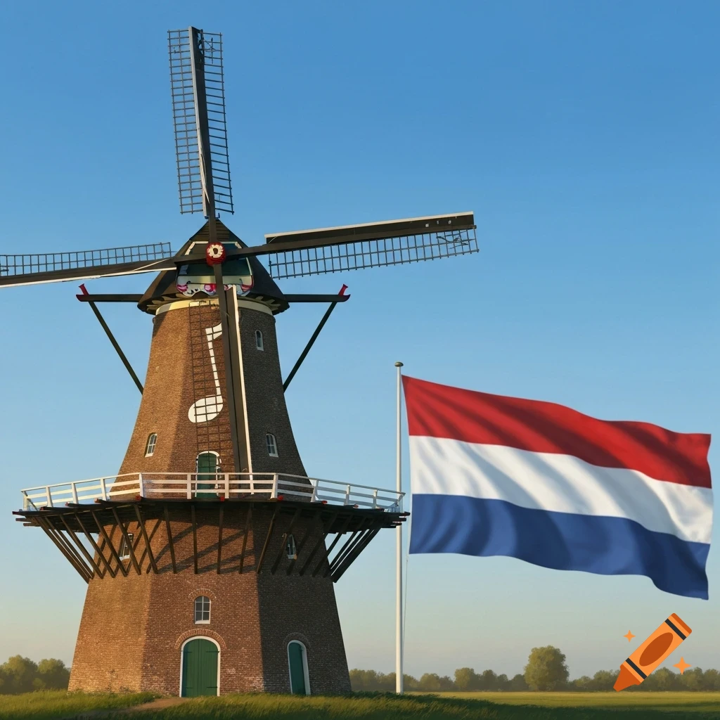 A photorealistic Dutch windmill with a white musical note on its side stands next to a waving Dutch flag in a sunny field.