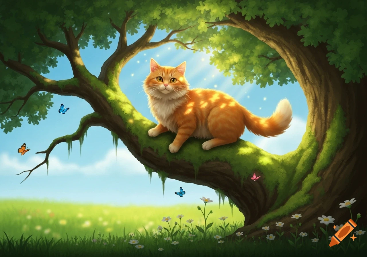 An orange and white cat with fluffy fur sits on a moss-covered tree branch, bathed in dappled sunlight, against a bright blue sky. Butterflies flutter around the tree, and a meadow with small white flowers stretches below.