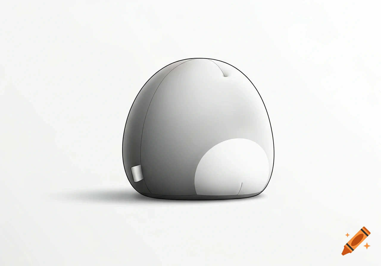 A simple, grey, rounded plush toy with a white belly patch and a small tag on a white background.