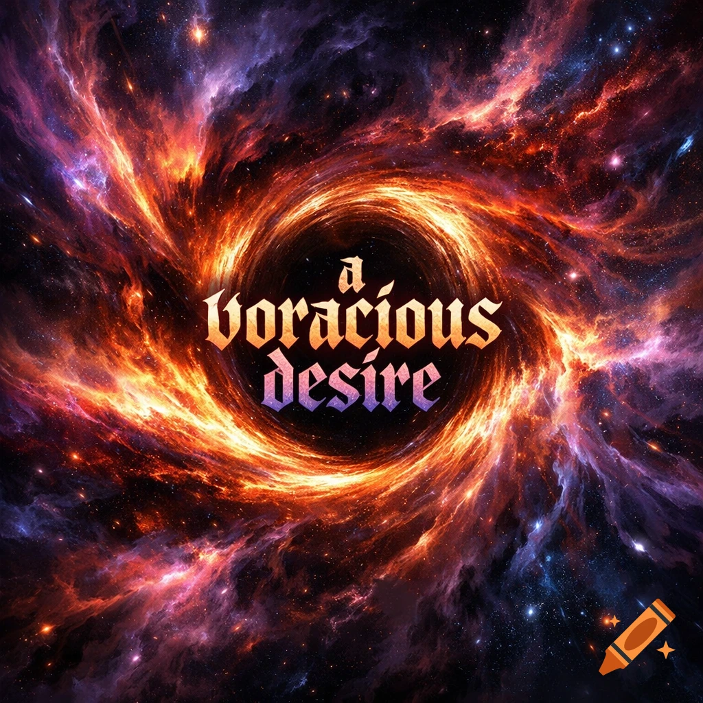 A vibrant, swirling black hole in space with the words 'a voracious desire' in an artistic font, like an album cover.