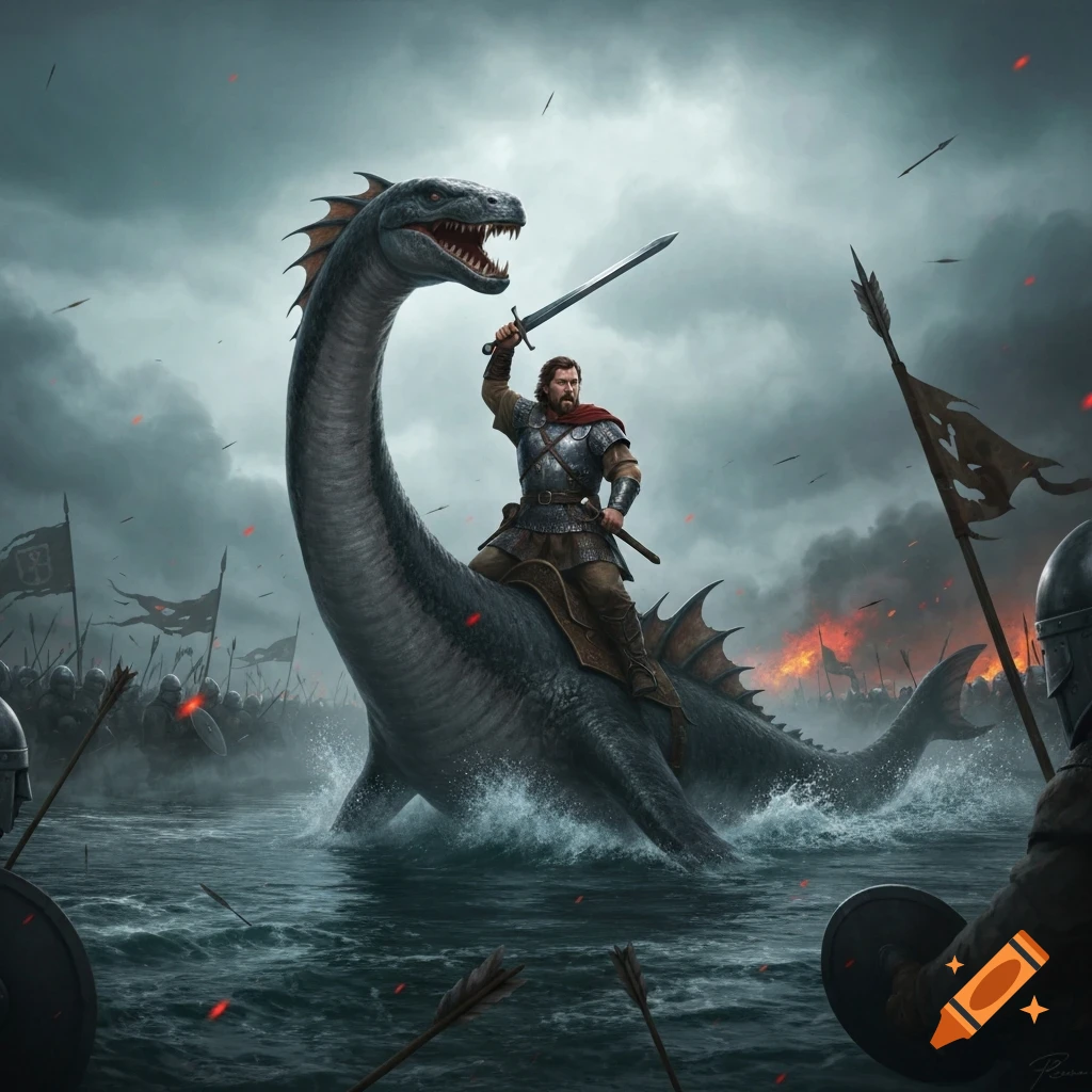 An armored man on a Loch Ness monster raises his sword, charging into a stormy epic fantasy battle with soldiers and fire.