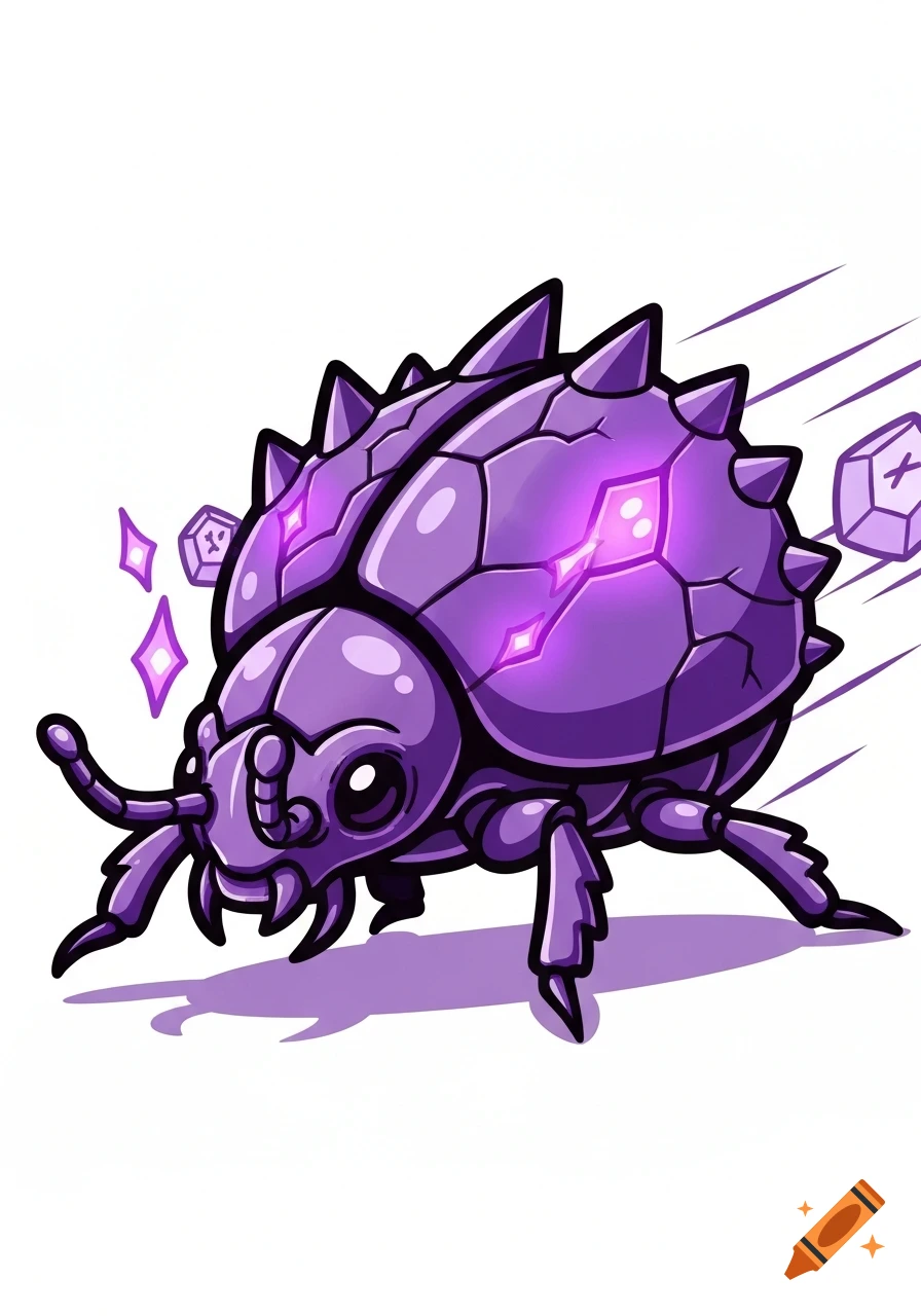A stylized purple crystal beetle with glowing cracks, spikes, and large eyes, shown charging with magical dice-like elements, in a doodle art style on a white background.