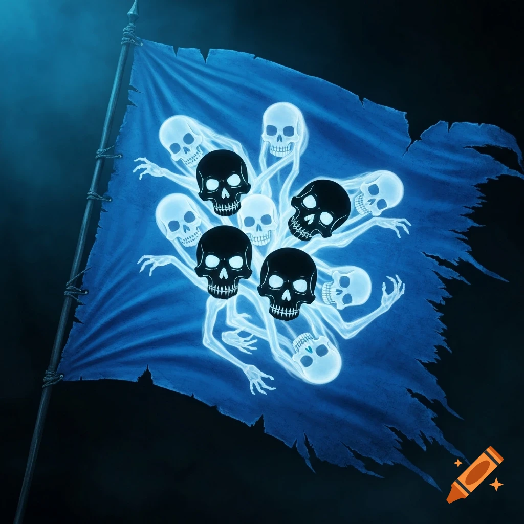 A tattered blue flag features an arrangement of glowing white and black skulls with ghostly, wispy bodies, set against a dark background.