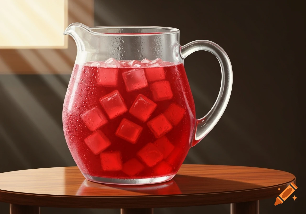 A clear glass pitcher full of red iced drink sits on a glossy wooden table.
