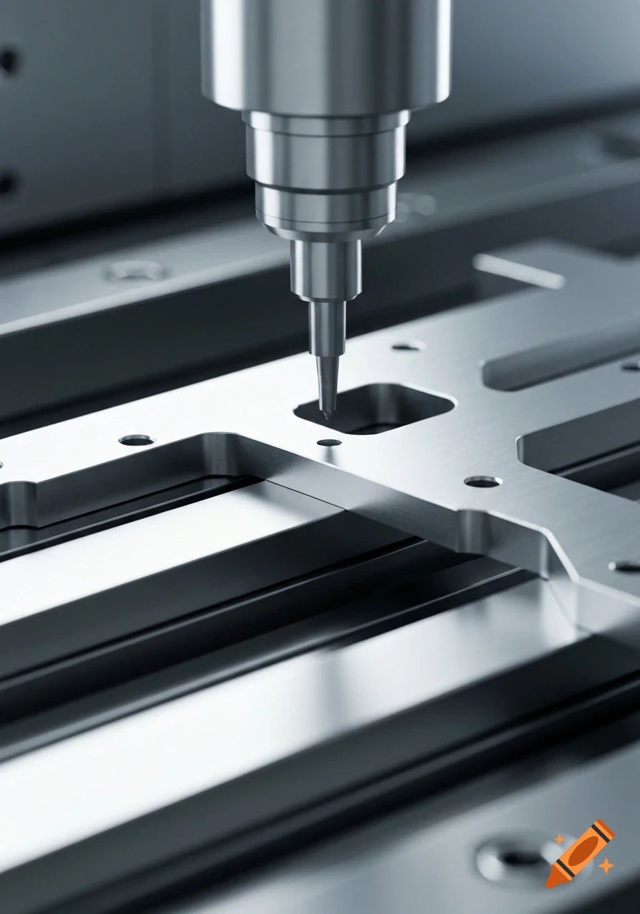Close-up of a CNC machine's drill bit precisely working on a metallic component, showing industrial manufacturing.