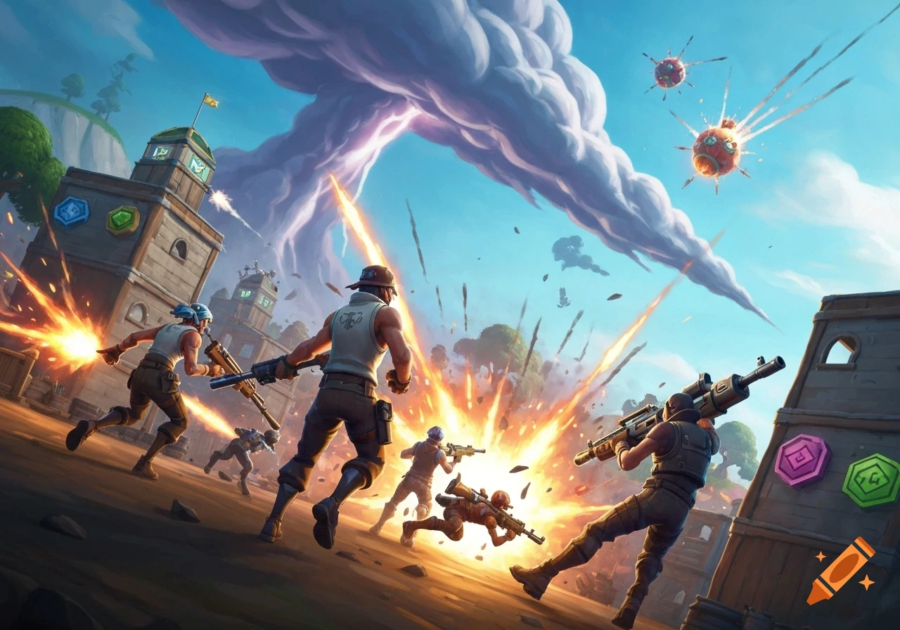 Stylized battle scene with Fortnite characters running amidst explosions and gunfire, featuring a stormy sky and buildings.