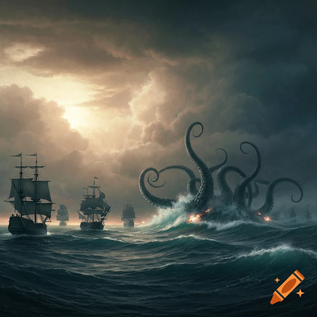 A fleet of sailing ships battles a giant kraken with swirling tentacles emerging from stormy seas under dramatic clouds.