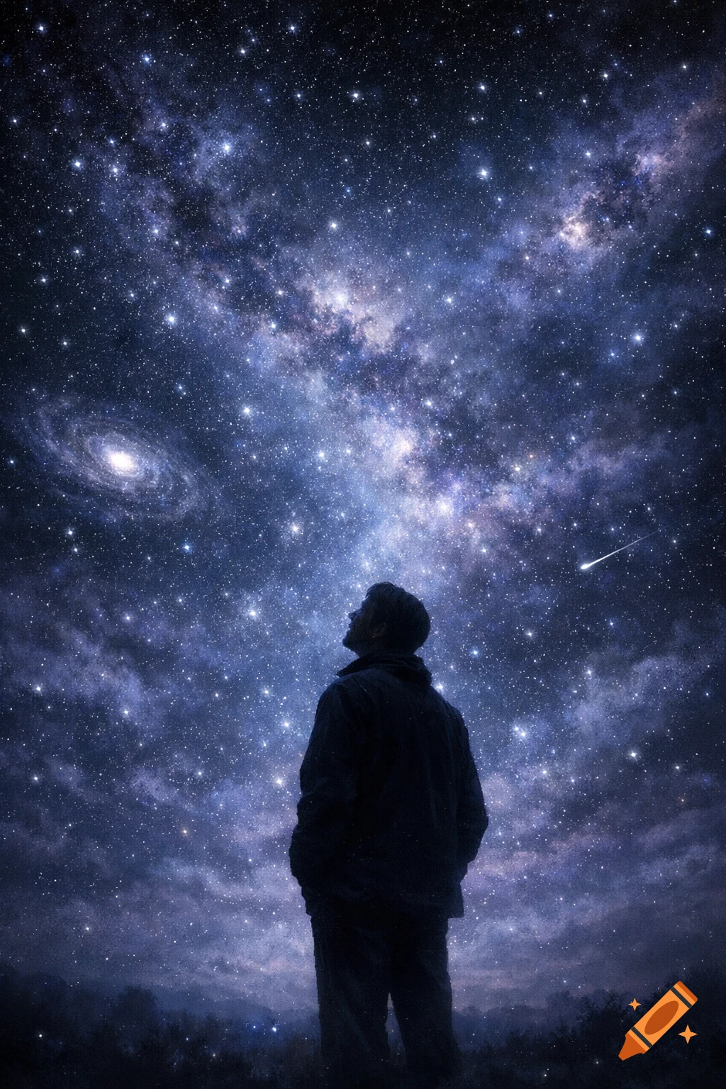A person stands silhouetted against a breathtaking, vast starry night sky, gazing up at nebulae, a spiral galaxy, and a shooting star.