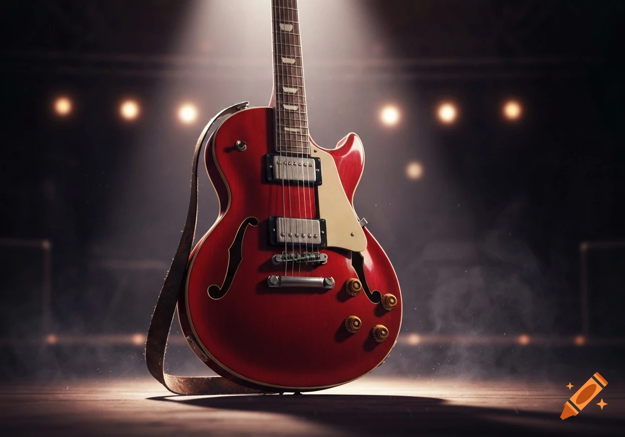 A red electric guitar with a leather strap stands on a wooden stage under a spotlight, with blurred stage lights in the dark background.