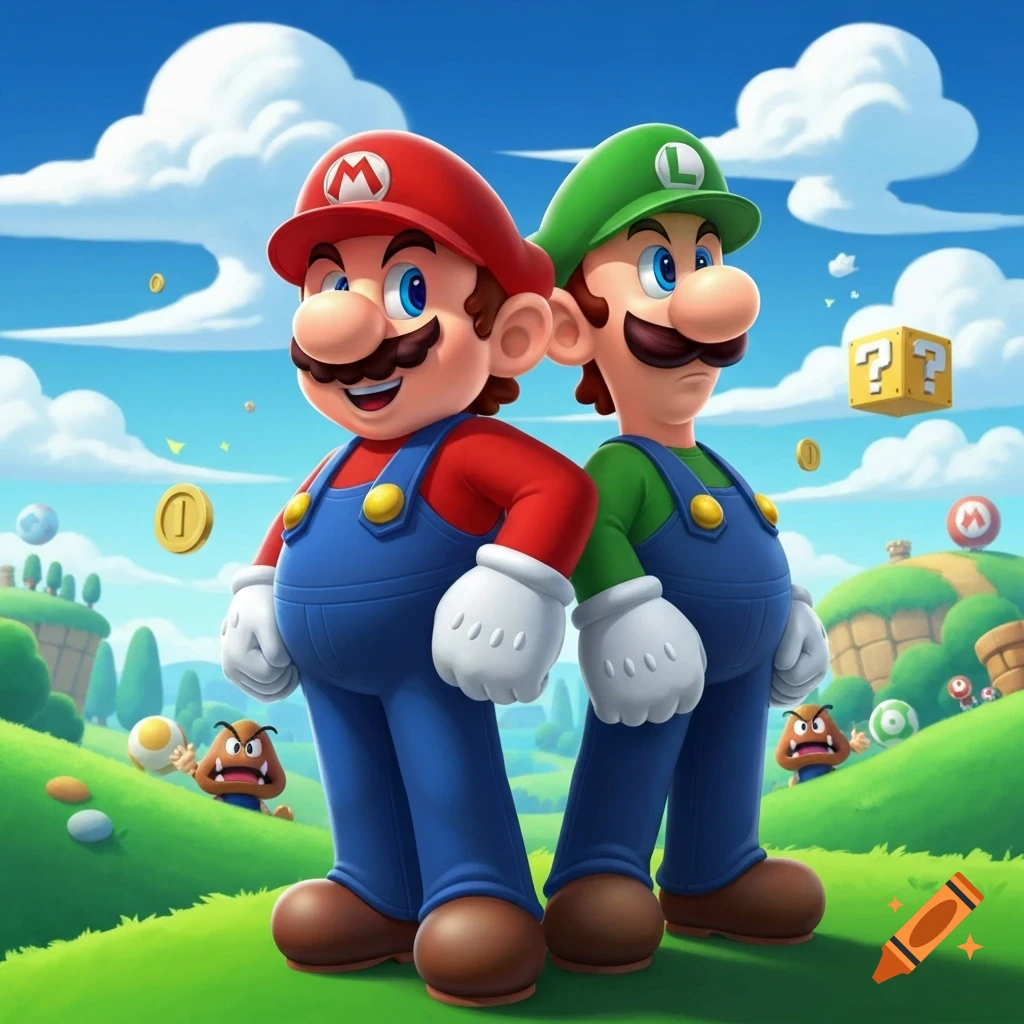 Mario and Luigi stand back-to-back in a vibrant, cartoonish Super Mario landscape with coins, a question mark block, and Goombas.