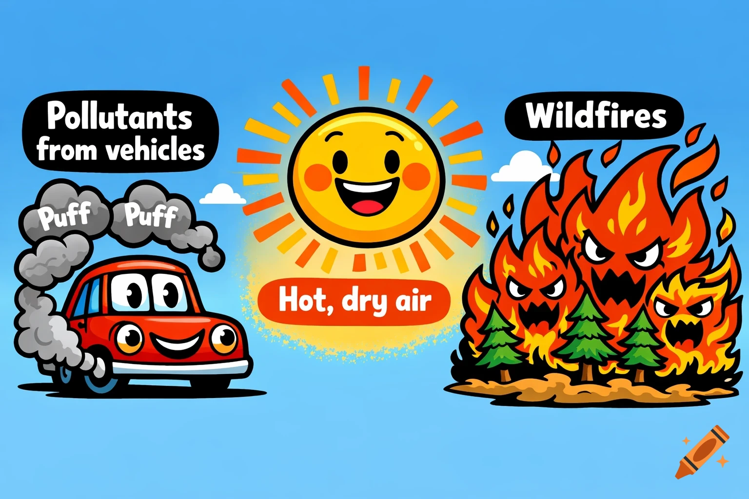 Cartoon illustration of a smiling sun, a red car emitting "Puff Puff" smoke labeled "Pollutants from vehicles", and angry wildfires labeled "Wildfires", all under "Hot, dry air" against a blue sky, depicting climate issues.