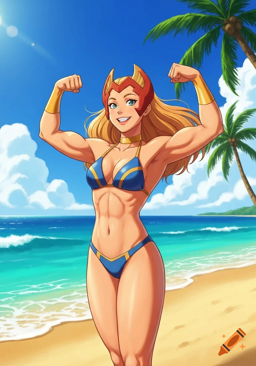 She-Ra, a muscular blonde woman in a blue bikini and red headdress, flexes on a sunny beach with palm trees in a cartoon style.