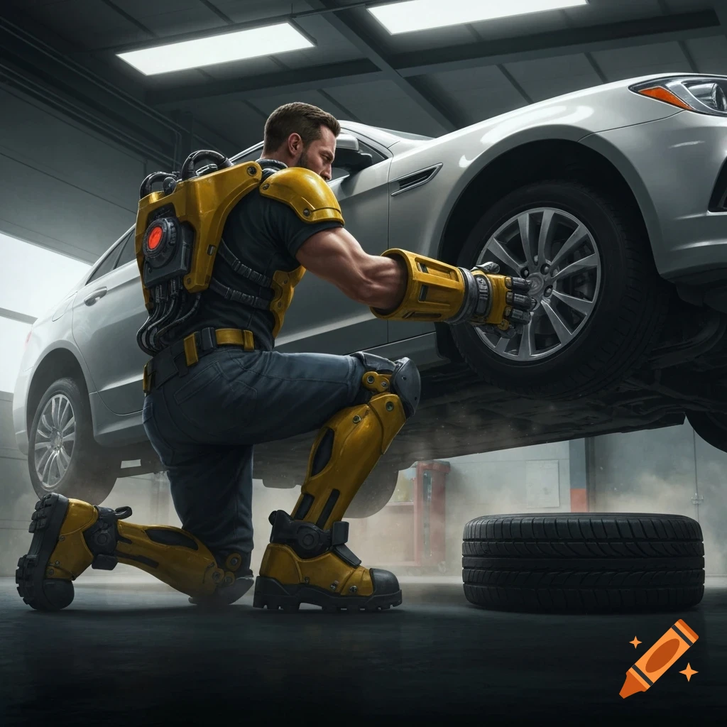 A man in a yellow powered exoskeleton kneels in a garage, removing a car tire from a lifted white car. A spare tire sits on the floor.