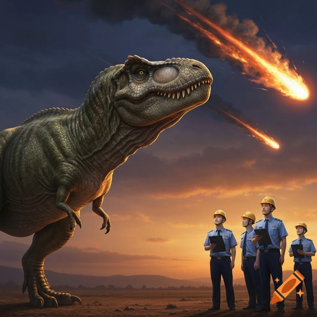 A large T-Rex and several human officials in hard hats look up at meteors streaking across a dramatic sunset sky.