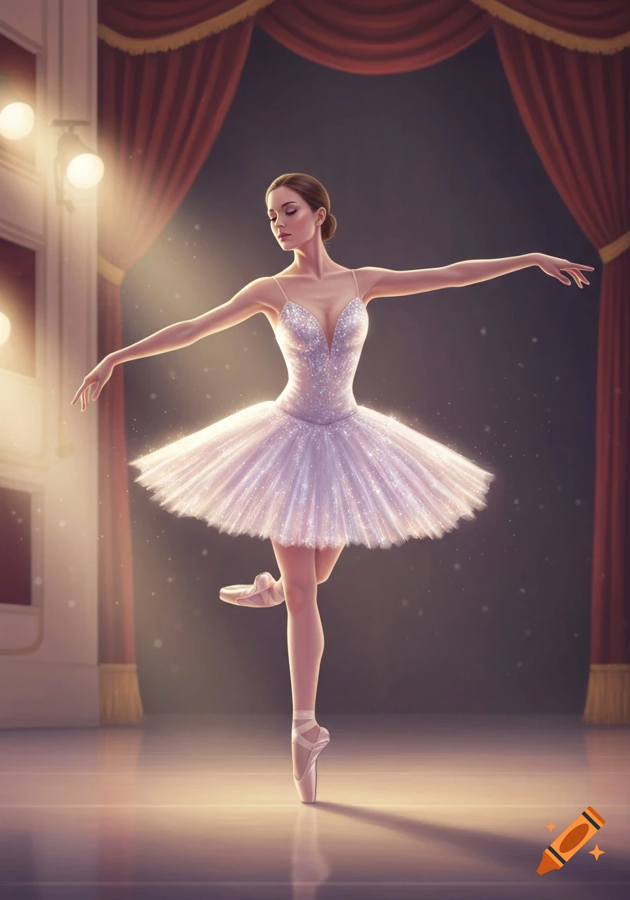 A graceful ballerina in a sparkly white tutu poses en pointe on a spotlighted stage with red curtains. Digital illustration.