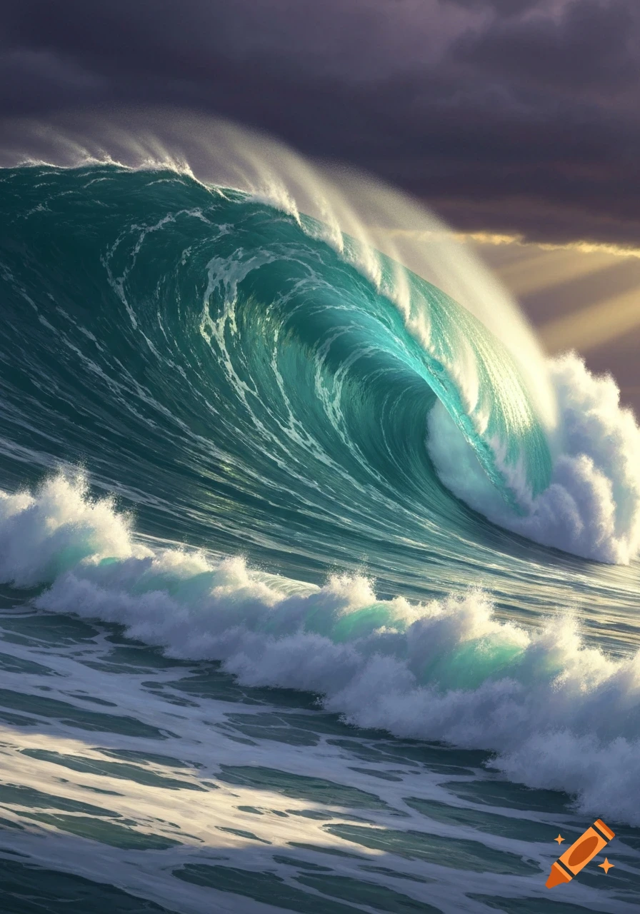 A massive, powerful turquoise ocean wave crashes under a dramatic, cloudy sky with rays of sunlight breaking through.