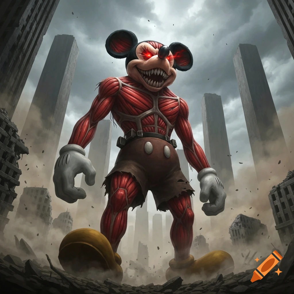 A monstrous, muscular Mickey Mouse with red glowing eyes and sharp teeth stands menacingly in a destroyed, apocalyptic city.