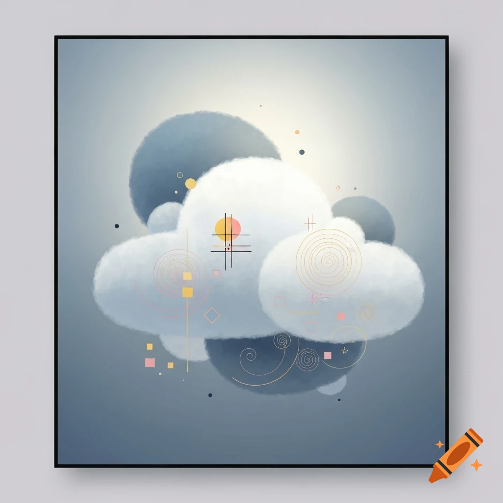 Abstract art of soft blue and white cloud-like shapes with geometric lines and spirals on a gradient background.
