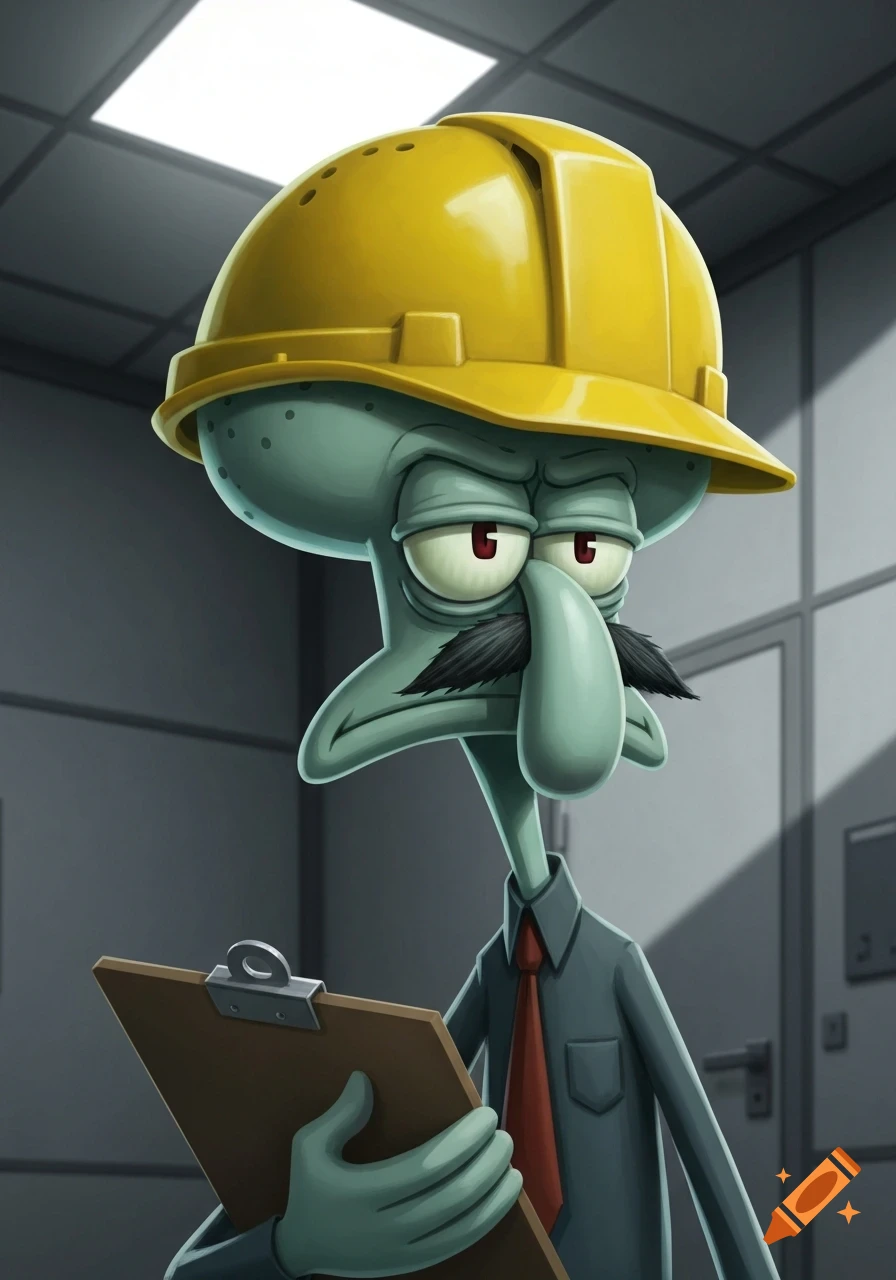 Cartoon Squidward with a stern face, wearing a yellow hardhat and a red tie, holding a clipboard.