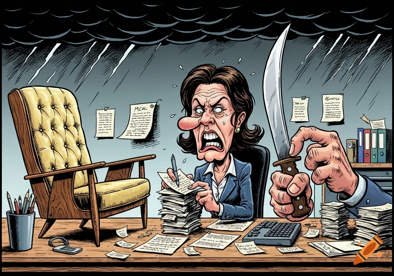A cartoon woman with an exaggerated, angry face sits at a desk piled with papers, writing. A large hand holding a machete looms nearby under storm clouds.