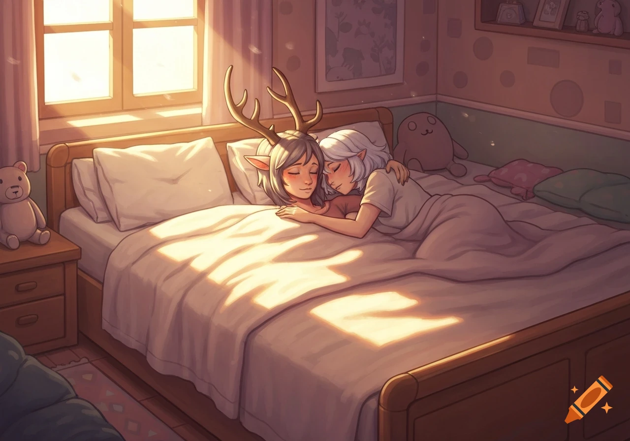 Two anime-style characters, one with antlers and one with elf ears, sleep embraced in a warm, sunlit bed in a cozy room.