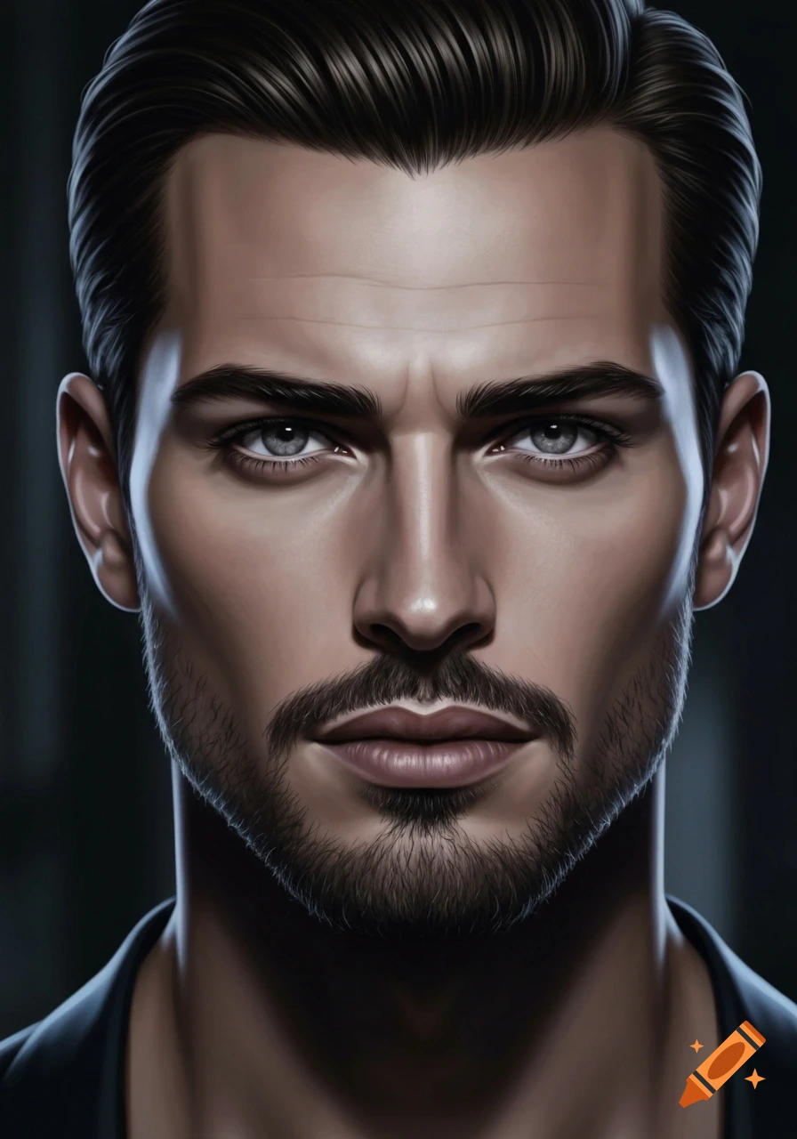 Close-up digital art portrait of a handsome man with gray eyes, a short beard, and dark gelled hair.