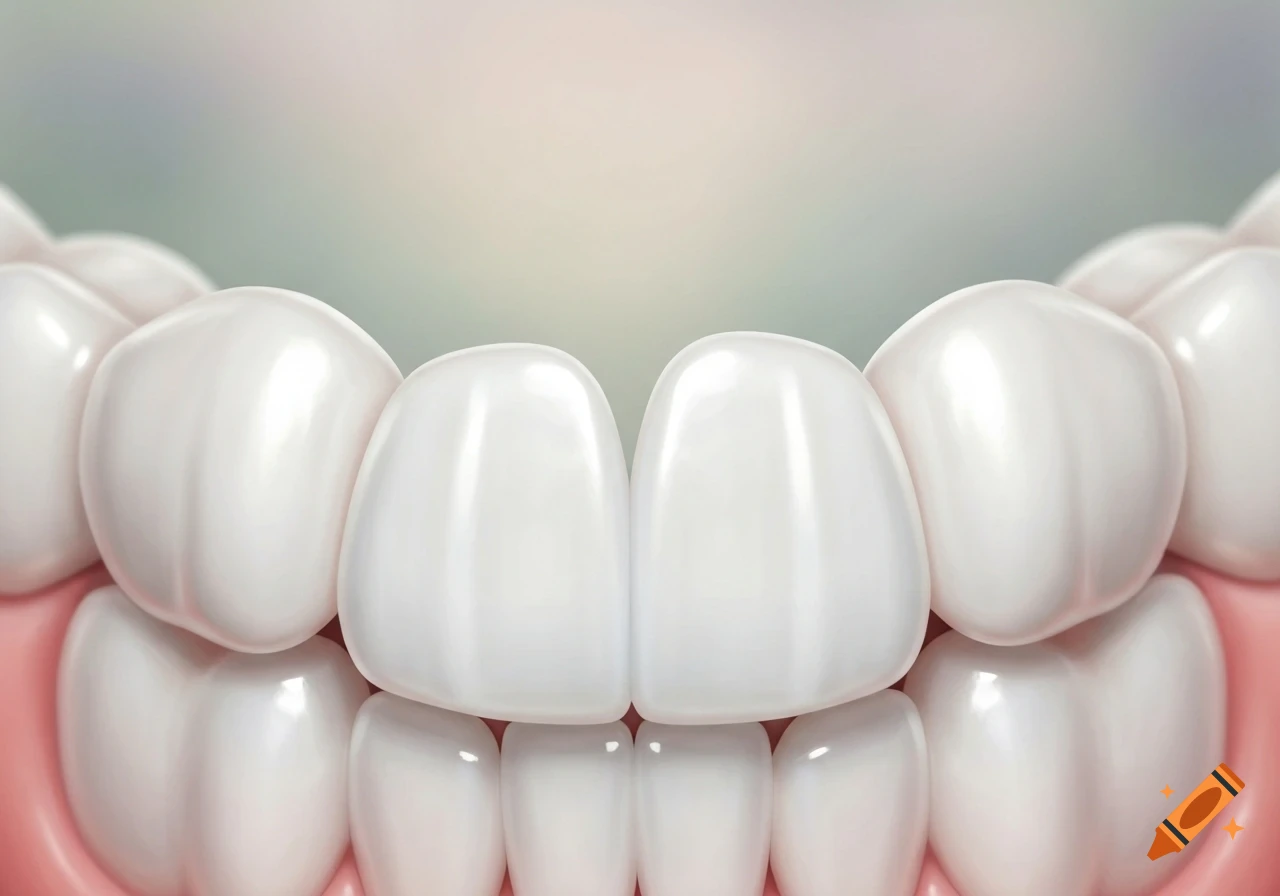 A close-up, photorealistic view of a perfect set of bright white teeth and healthy pink gums.