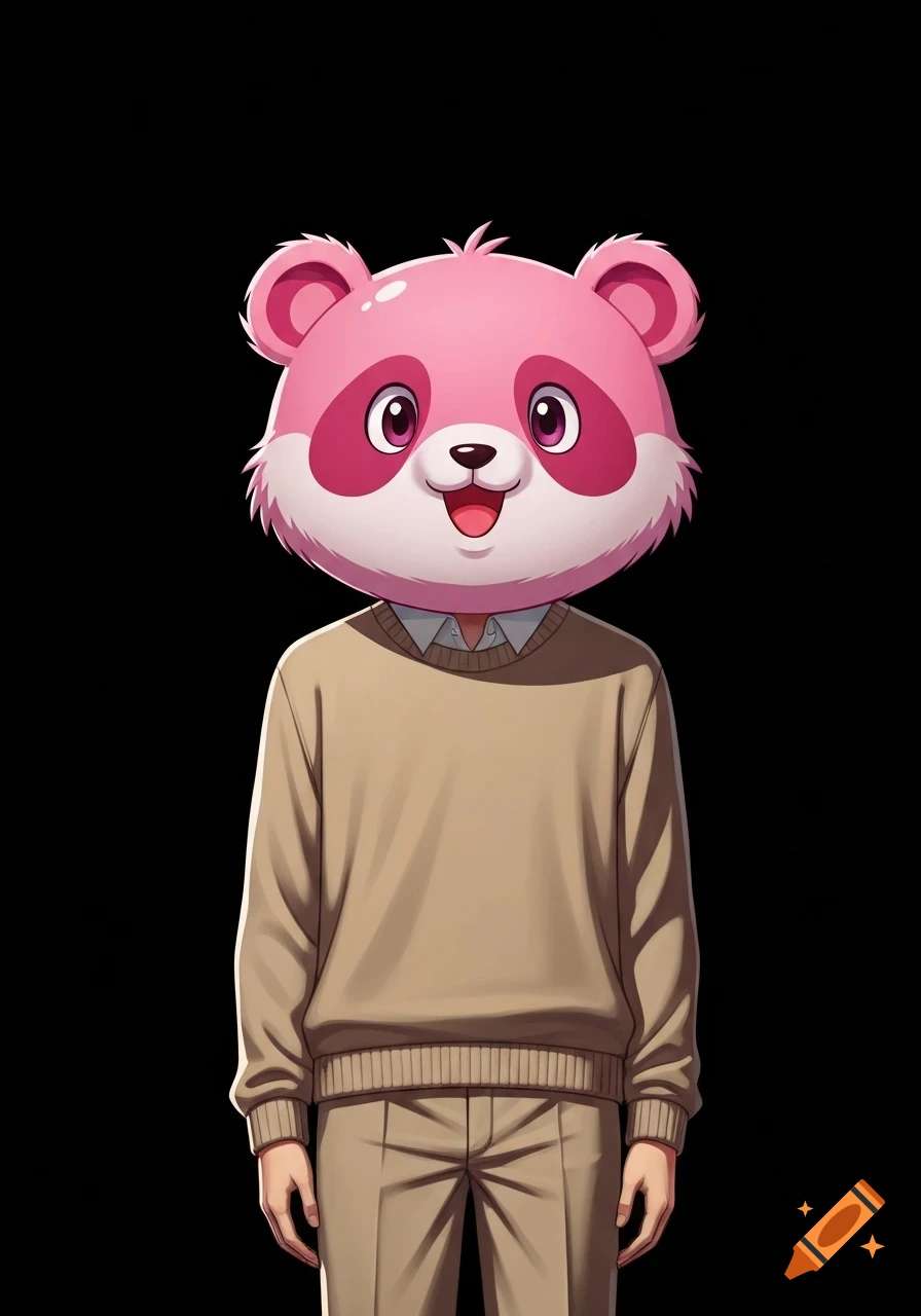 A cartoon pink panda head on a human-like body wearing a beige sweater and pants, in an anime style against a black background.