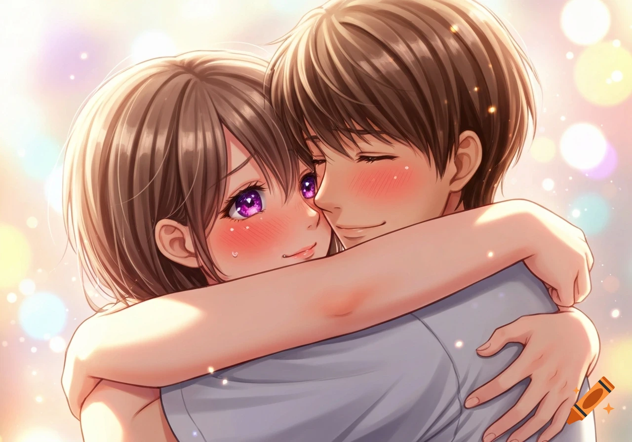 An anime couple embraces, the girl blushing with bright purple eyes, the boy smiling with closed eyes.