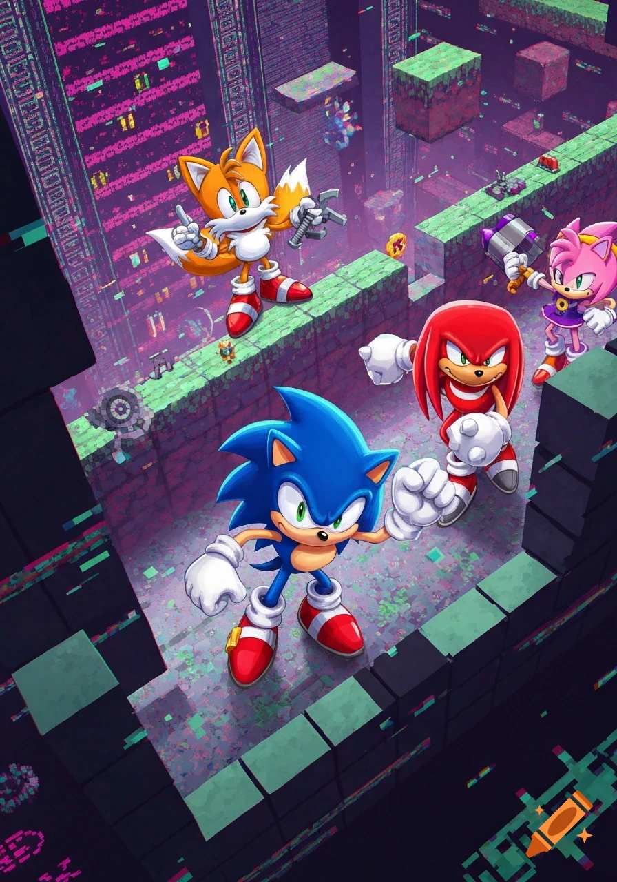 Sonic, Tails, Knuckles, and Amy Rose are trapped in a glitchy, pixelated video game world with towering structures and floating blocks.