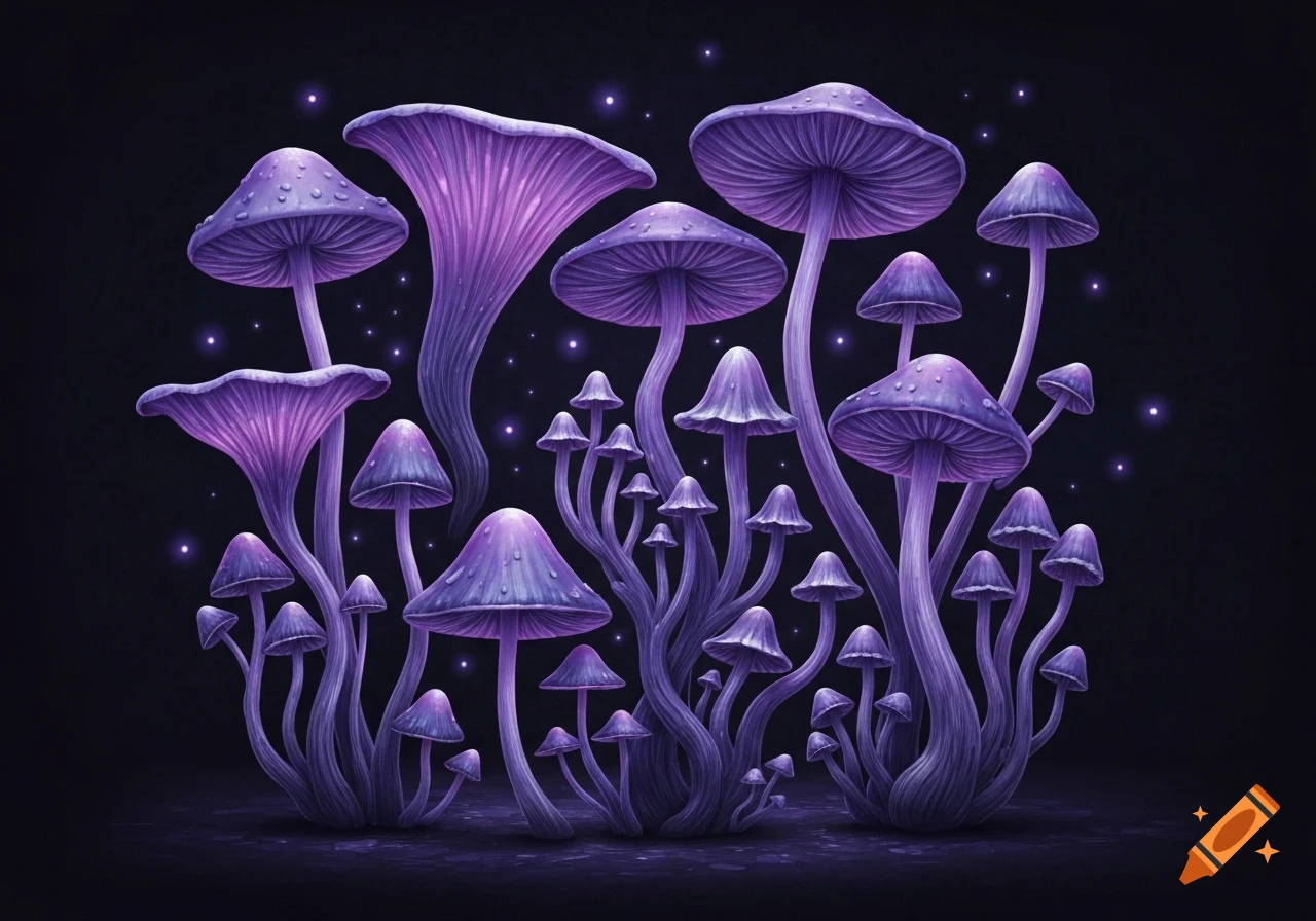 A cluster of glowing purple mushrooms of various sizes, with intricate gills visible, against a dark background with sparkling specks.