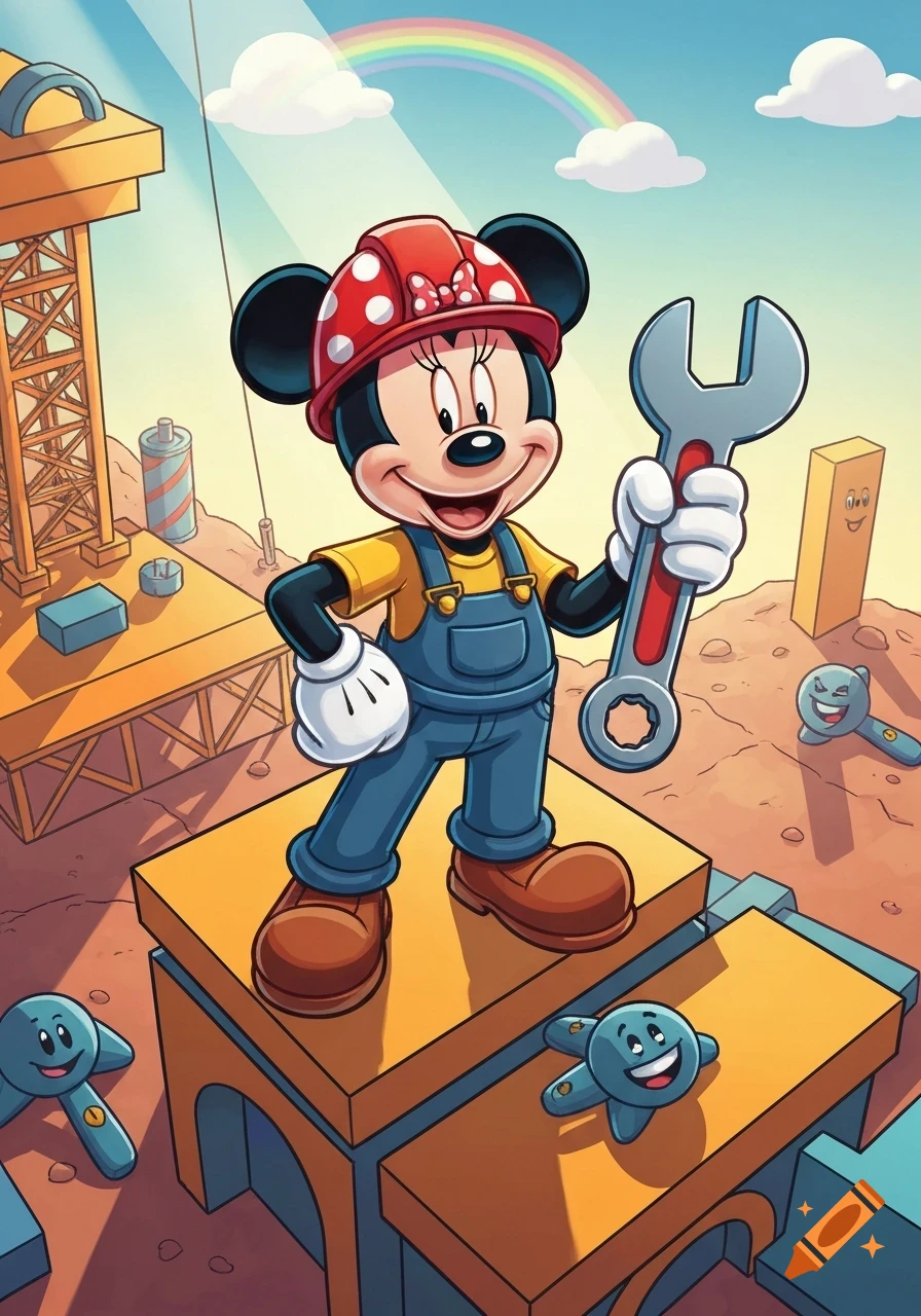 Minnie Mouse in a red hard hat and overalls, holding a large wrench on a construction site with a crane and rainbow.