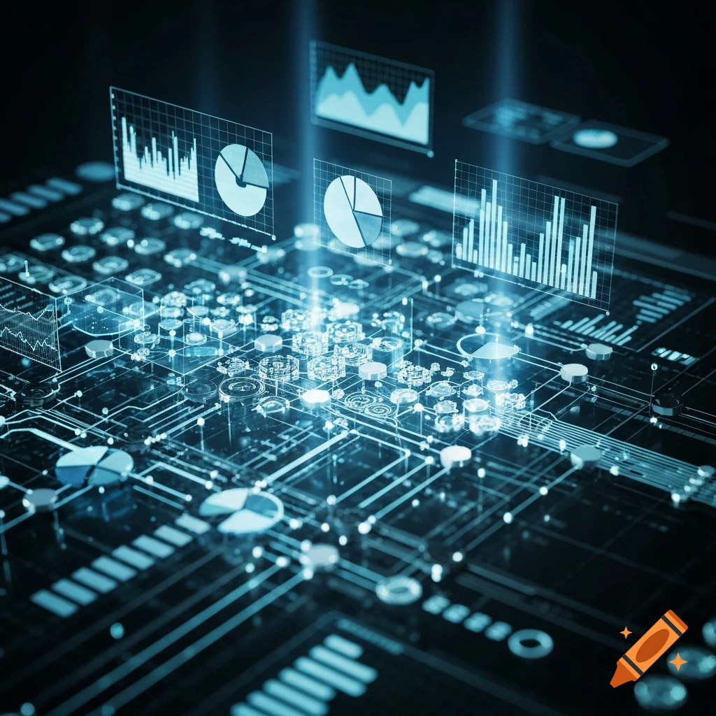 A glowing blue circuit board with holographic data visualizations, including bar graphs and pie charts, symbolizing an algorithm.